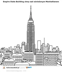 Empire State Building zimą nad ośnieżonym Manhattanem — kolorowanka do wydruku dla dzieci