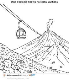 Etna i kolejka linowa na stoku wulkanu — kolorowanka do wydruku dla dzieci