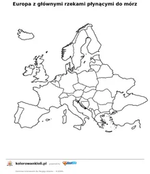 Europa z głównymi rzekami płynącymi do mórz — kolorowanka do wydruku dla dzieci