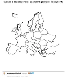 Europa z zaznaczonymi pasmami górskimi kontynentu — kolorowanka do wydruku dla dzieci