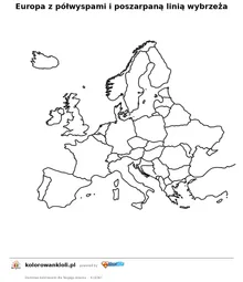 Europa z półwyspami i poszarpaną linią wybrzeża — kolorowanka do wydruku dla dzieci
