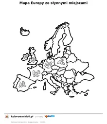 Mapa Europy ze słynnymi miejscami — kolorowanka do wydruku dla dzieci