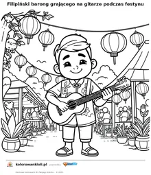 Filipiński barong grającego na gitarze podczas festynu — kolorowanka do wydruku dla dzieci