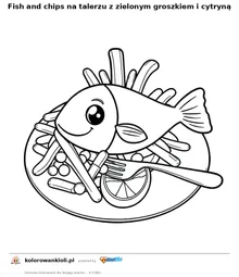 Fish and chips na talerzu z zielonym groszkiem i cytryną — kolorowanka do wydruku dla dzieci