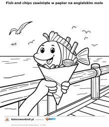 Fish and chips zawinięte w papier na angielskim molo — kolorowanka do wydruku dla dzieci