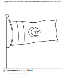 Flaga Pakistanu (Islamska Republika Pakistanu) powiewająca na maszcie — kolorowanka do wydruku dla dzieci