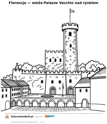 Florencja — wieża Palazzo Vecchio nad rynkiem — kolorowanka do wydruku dla dzieci