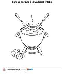 Fondue serowe z kawalkami chleba — kolorowanka do wydruku dla dzieci