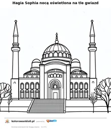 Hagia Sophia nocą oświetlona na tle gwiazd — kolorowanka do wydruku dla dzieci