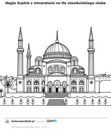Hagia Sophia z minaretami na tle stambulskiego nieba — kolorowanka do wydruku dla dzieci