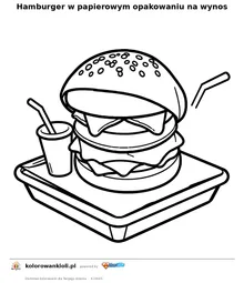 Hamburger w papierowym opakowaniu na wynos — kolorowanka do wydruku dla dzieci