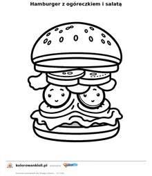 Hamburger z ogoreczkiem i salata — kolorowanka do wydruku dla dzieci