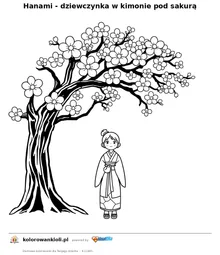 Hanami - dziewczynka w kimonie pod sakura — kolorowanka do wydruku dla dzieci