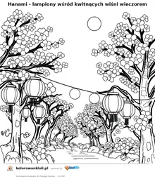 Hanami - lampiony wsrod kwitnacych wisni wieczorem — kolorowanka do wydruku dla dzieci