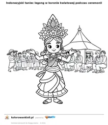 Indonezyjski taniec legong w koronie kwiatowej podczas ceremonii — kolorowanka do wydruku dla dzieci