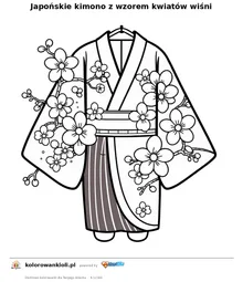 Japońskie kimono z wzorem kwiatów wiśni — kolorowanka do wydruku dla dzieci