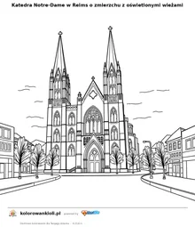 Katedra Notre-Dame w Reims o zmierzchu z oświetlonymi wieżami — kolorowanka do wydruku dla dzieci