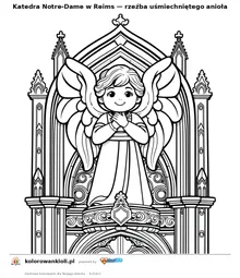 Katedra Notre-Dame w Reims — rzeźba uśmiechniętego anioła — kolorowanka do wydruku dla dzieci