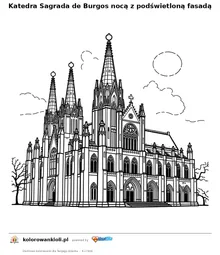 Katedra Sagrada de Burgos nocą z podświetloną fasadą — kolorowanka do wydruku dla dzieci