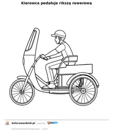 Kierowca pedaluje rikszy rowerowej — kolorowanka do wydruku dla dzieci