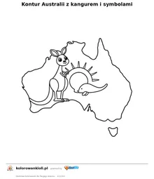Kontur Australii z kangurem i symbolami — kolorowanka do wydruku dla dzieci