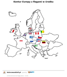 Kontur Europy z flagami w środku — kolorowanka do wydruku dla dzieci