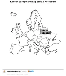 Kontur Europy z wieżą Eiffla i Koloseum — kolorowanka do wydruku dla dzieci