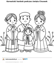Koreański hanbok podczas święta Chuseok — kolorowanka do wydruku dla dzieci