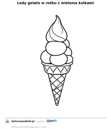 Lody gelato w rozku z wieloma kulkami — kolorowanka do wydruku dla dzieci