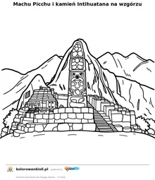 Machu Picchu i kamień Intihuatana na wzgórzu — kolorowanka do wydruku dla dzieci