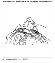 Machu Picchu widziane ze szczytu góry Huayna Picchu — kolorowanka do wydruku dla dzieci