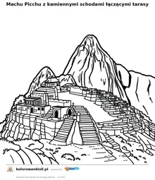 Machu Picchu z kamiennymi schodami łączącymi tarasy — kolorowanka do wydruku dla dzieci