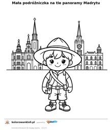 Mała podróżniczka na tle panoramy Madrytu — kolorowanka do wydruku dla dzieci