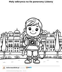 Mały odkrywca na tle panoramy Lizbony — kolorowanka do wydruku dla dzieci
