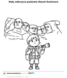 Maly odkrywca podziwia Mount Rushmore — kolorowanka do wydruku dla dzieci