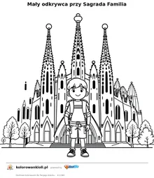 Mały odkrywca przy Sagrada Familia — kolorowanka do wydruku dla dzieci
