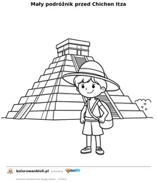 Mały podróżnik przed Chichen Itza — kolorowanka do wydruku dla dzieci