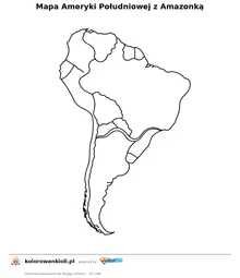 Mapa Ameryki Poludniowej z Amazonka — kolorowanka do wydruku dla dzieci