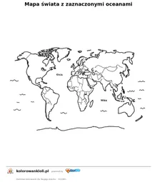 Mapa świata z zaznaczonymi oceanami — kolorowanka do wydruku dla dzieci