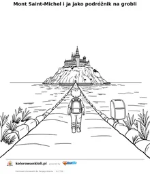 Mont Saint-Michel i ja jako podróżnik na grobli — kolorowanka do wydruku dla dzieci