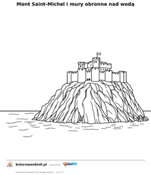 Mont Saint-Michel i mury obronne nad wodą — kolorowanka do wydruku dla dzieci