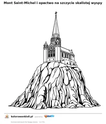 Mont Saint-Michel i opactwo na szczycie skalistej wyspy — kolorowanka do wydruku dla dzieci