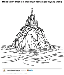 Mont Saint-Michel i przypływ otaczający wyspę wodą — kolorowanka do wydruku dla dzieci