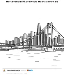 Most Brookliński z sylwetką Manhattanu w tle — kolorowanka do wydruku dla dzieci