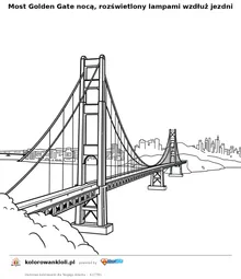 Most Golden Gate nocą, rozświetlony lampami wzdłuż jezdni — kolorowanka do wydruku dla dzieci