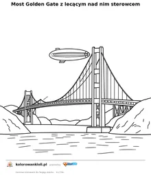 Most Golden Gate z lecącym nad nim sterowcem — kolorowanka do wydruku dla dzieci