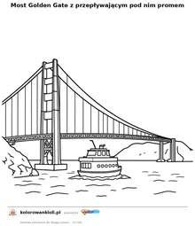 Most Golden Gate z przepływającym pod nim promem — kolorowanka do wydruku dla dzieci