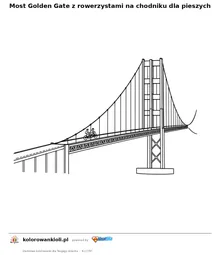 Most Golden Gate z rowerzystami na chodniku dla pieszych — kolorowanka do wydruku dla dzieci