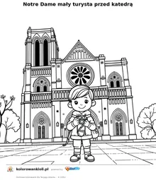 Notre Dame maly turysta przed katedra — kolorowanka do wydruku dla dzieci