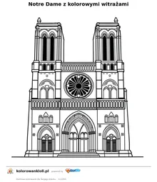 Notre Dame z kolorowymi witrazami — kolorowanka do wydruku dla dzieci